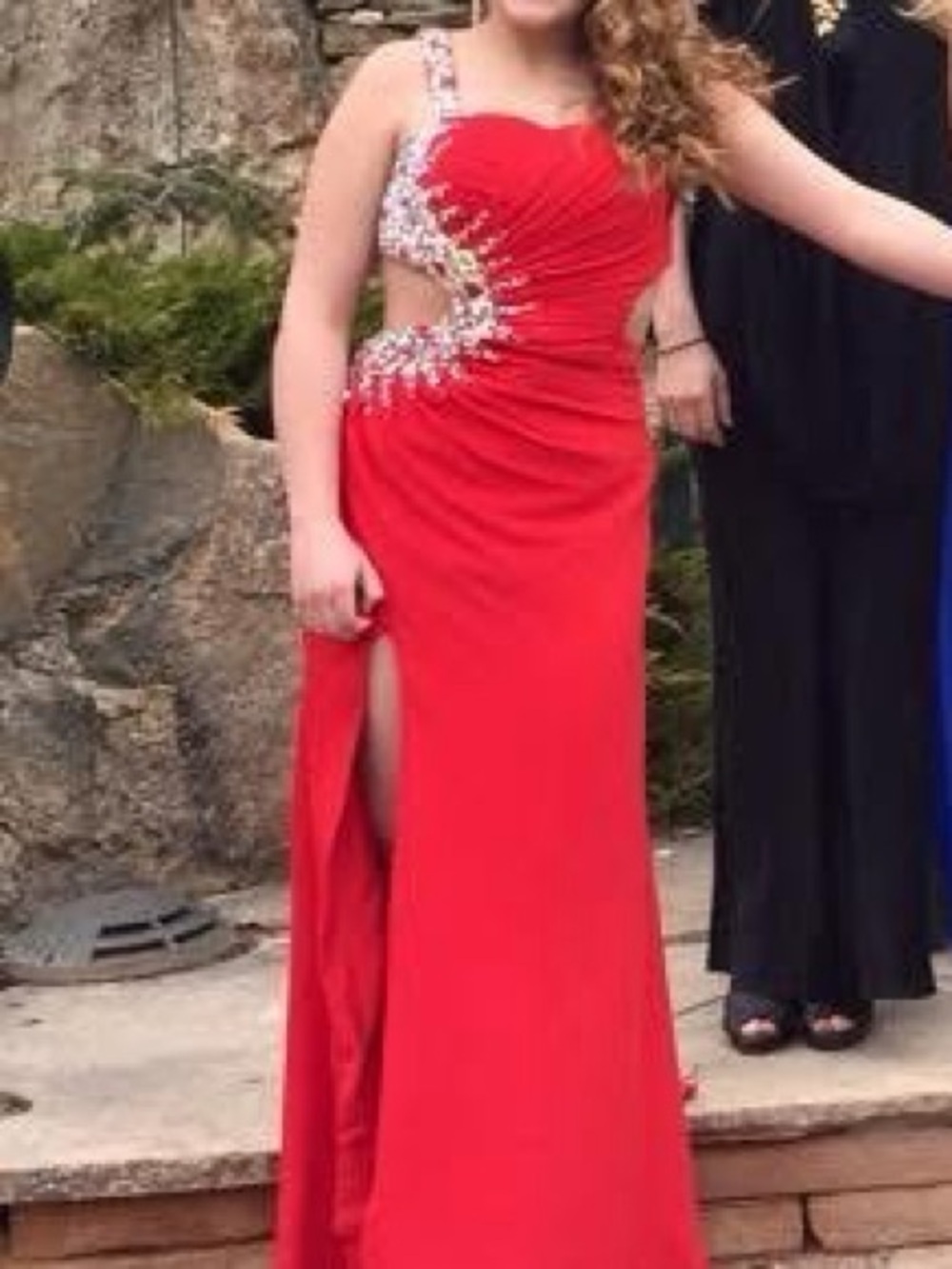 Women’s Red Evening Gown with Embellished Bodice